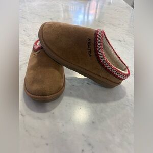 Nautica Kids Brown Suede Slip-On Slippers with Red Accent Trim